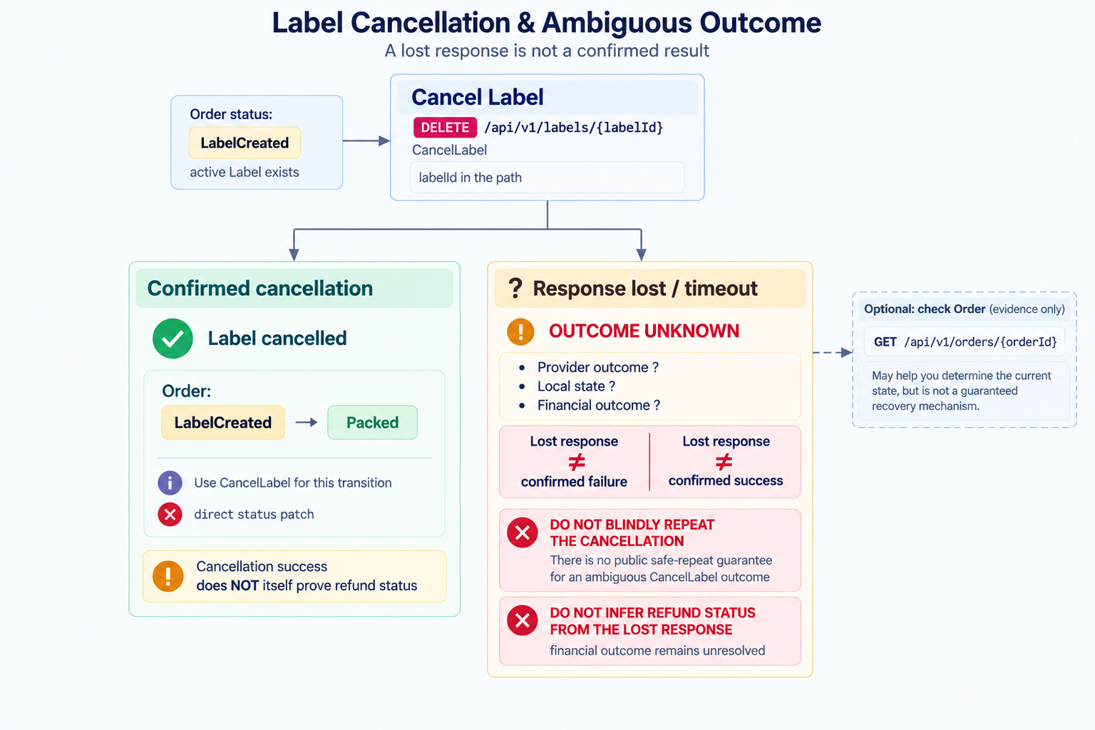 Label cancellation and ambiguous outcome: a confirmed cancellation moves the Order from LabelCreated back to Packed and still proves nothing about a refund, while a lost response leaves the provider, local, and financial outcomes unknown — reading the Order back is evidence, not a guaranteed recovery mechanism, and the cancellation must not be blindly repeated.