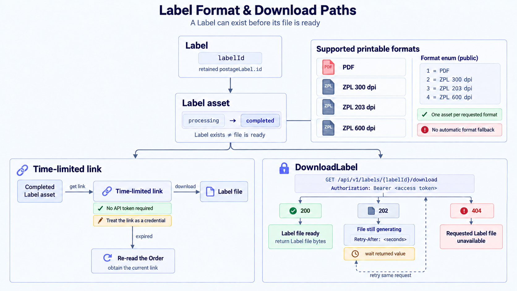 Label format and download paths: a Label exists before its file is ready, so the asset moves from processing to completed across the four printable formats, and the bytes are reached either through a time-limited link that needs no token and is re-read from the Order once it expires, or through the authenticated download operation, which answers with the file, a pending response naming the seconds to wait before repeating the same request, or a not-found for a format that was never generated.